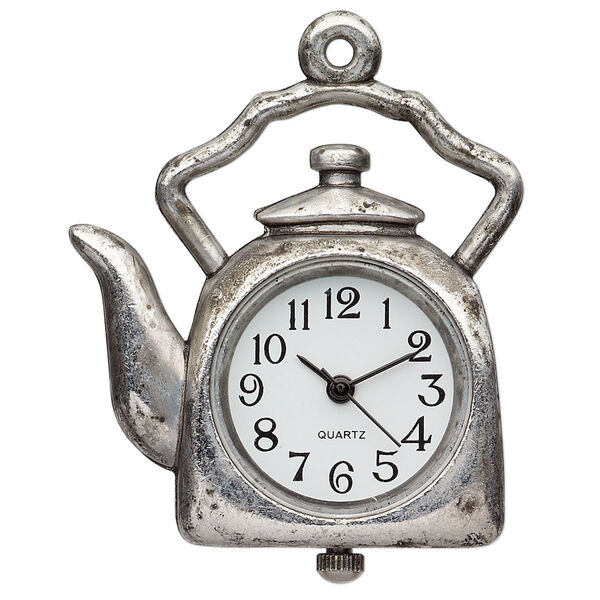 Watch face, stainless steel and antique silver-plated "pewter" (zinc-based alloy), white and black, 34mm single-sided tea kettle. Sold individually. image number 0