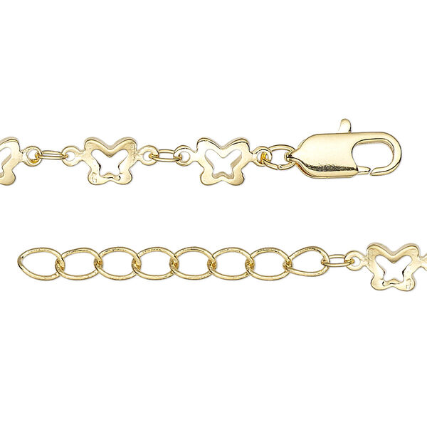Chain, gold-finished brass, 3x2mm oval and 6x5mm open butterfly, 24 inches with 1-1/4 inch extender chain and lobster claw clasp. Sold individually. image number 0