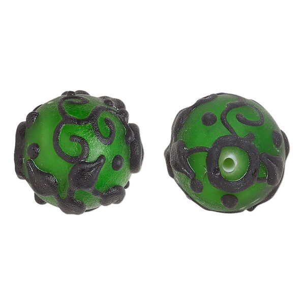 Bead, lampworked glass, opaque matte green and black with leaf and swirl design, 18mm round. Sold individually. image number 0