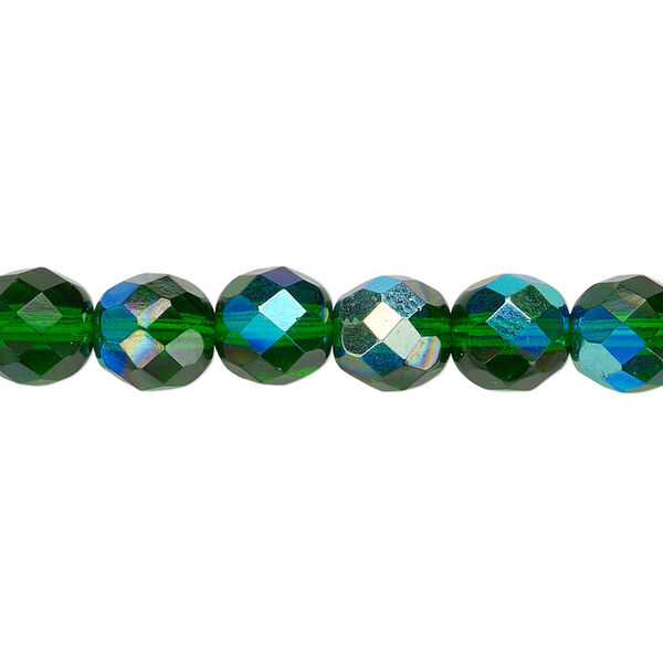Bead, Czech fire-polished glass, emerald green AB, 8mm faceted round. Sold per pkg of 600 (1/2 mass). image number 0