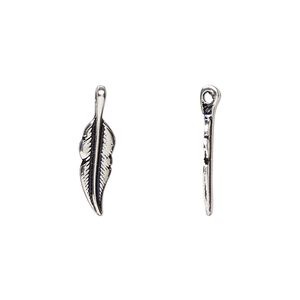 Charm, antique silver-plated "pewter" (zinc-based alloy), 19x5mm double-sided feather. Sold individually.