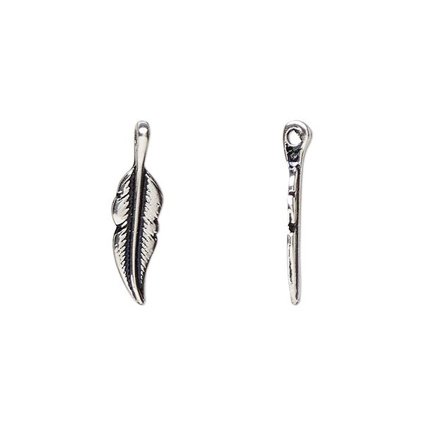 Charm, antique silver-plated "pewter" (zinc-based alloy), 19x5mm double-sided feather. Sold individually. image number 0