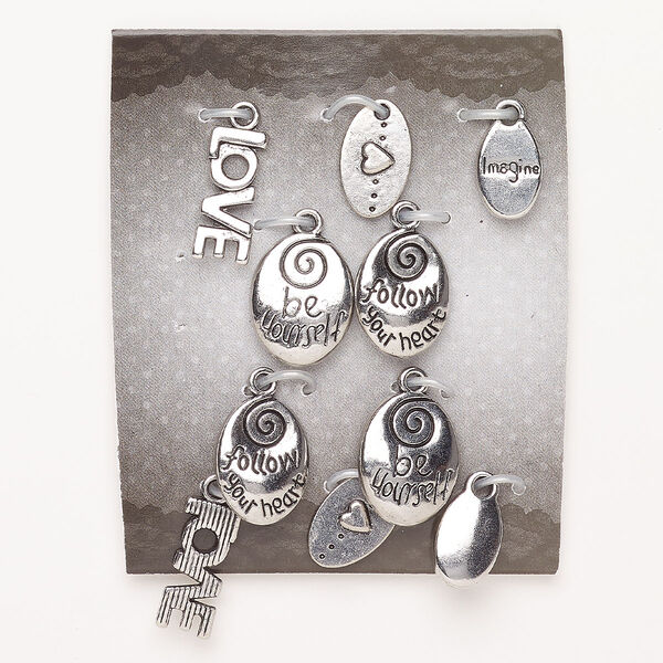 Charm assortment "pewter" zinc-based alloy 10pk 12x8.5mm-17.5x8mm single-sided double-sided mixed shapes, antique silver finish image number 0