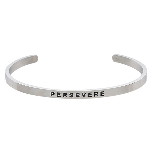 Bracelet, Everyday Jewelry, cuff, stainless steel, 4mm wide with "PERSEVERE," 8 inches. Sold individually. image number 0