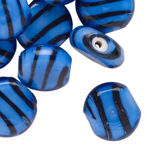 Bead, lampworked glass, opaque blue and black, 18mm puffed flat round with stripe design. Sold per pkg of 20.