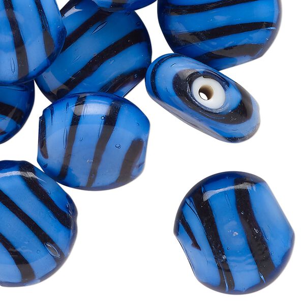 Bead, lampworked glass, opaque blue and black, 18mm puffed flat round with stripe design. Sold per pkg of 20. image number 0