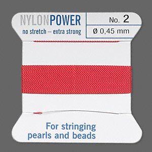 Thread, Griffin, nylon, red, size #2. Sold per 2-meter card (approximately 78 inches).
