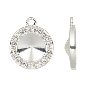 Drop, Almost Instant Jewelry®, cubic zirconia and silver-finished "pewter" (zinc-based alloy), clear, 19.5mm single-sided round with 12mm rivoli glue-in setting. Sold per pkg of 2.