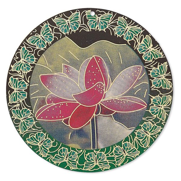 Focal, Lazer Lace™, color film and gold-finished brass, multicolored, 47mm single-sided round with lotus flower and butterfly design. Sold per pkg of 2. image number 0