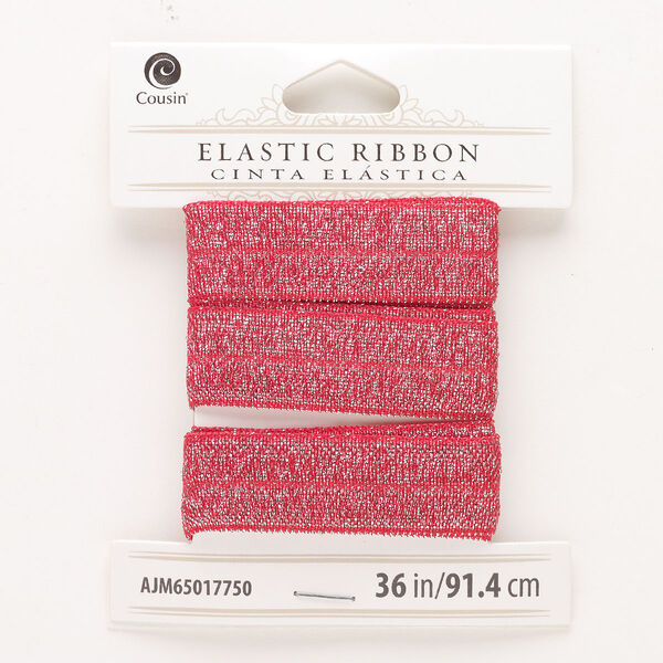 Cord, elastic, pkg/36 inches, 16mm flat, sparkle red and silver. image number 0