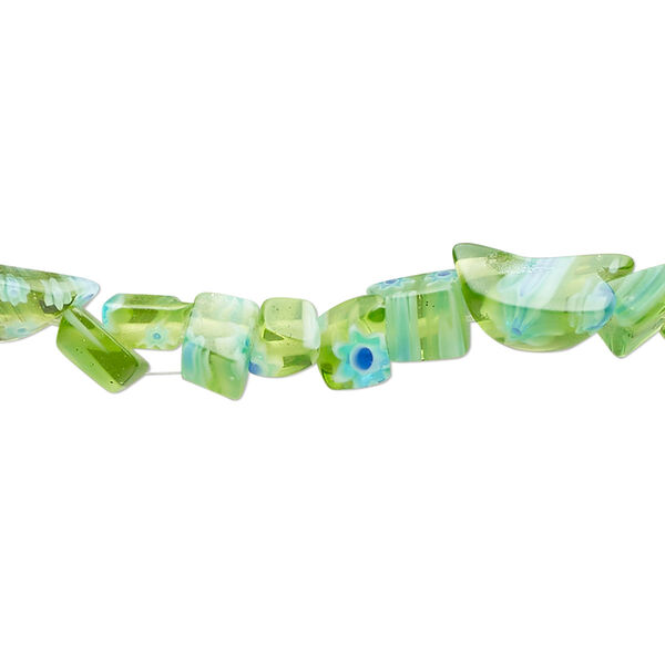 Bead, millefiori glass, translucent light green and multicolored, small chip. Sold per 33-inch strand. image number 0