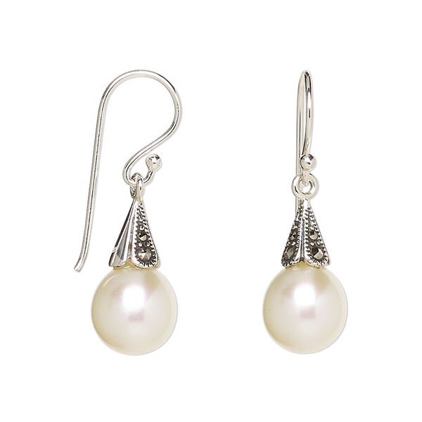 Earring, Signity® marcasite (natural) / cultured freshwater pearl / antiqued sterling silver, mauve, 31x8.5mm with 8x5mm cone and 10x8.5mm teardrop with fishhook ear wire. Sold per pair. image number 0