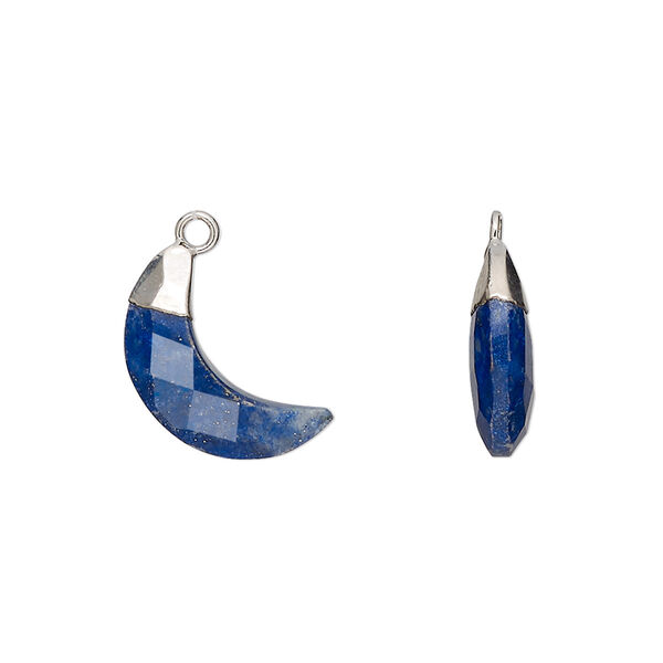 Drop, silver-plated lapis lazuli (natural) and electroplated sterling silver, 15x13mm-15x14mm hand-cut double-sided faceted moon, Mohs hardness 5 to 6. Sold individually. image number 0