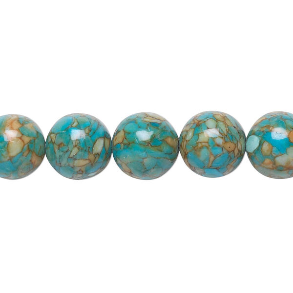 Bead, mosaic "turquoise" (magnesite) (dyed / assembled), blue, 10mm round, B grade, Mohs hardness 3-1/2 to 4. Sold per 15-1/2" to 16" strand. image number 0