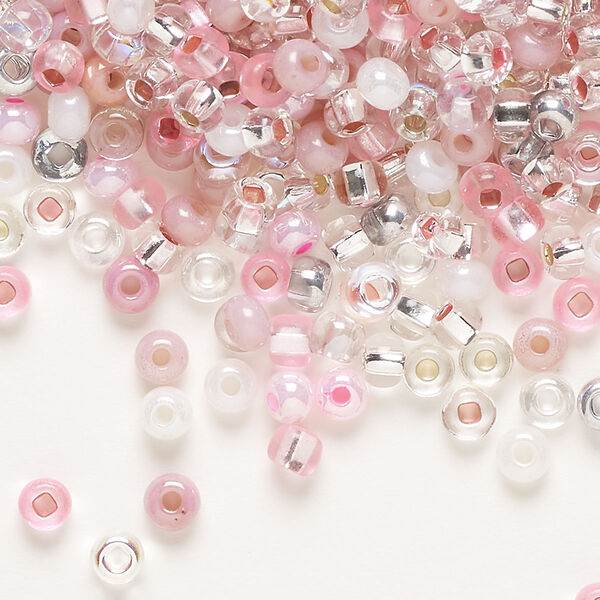 Seed bead mix, glass, pkg/100g, #6 round, translucent pink and white. image number 0