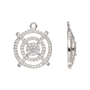 Drop, cubic zirconia and silver-finished brass, clear, 22mm single-sided round. Sold individually.