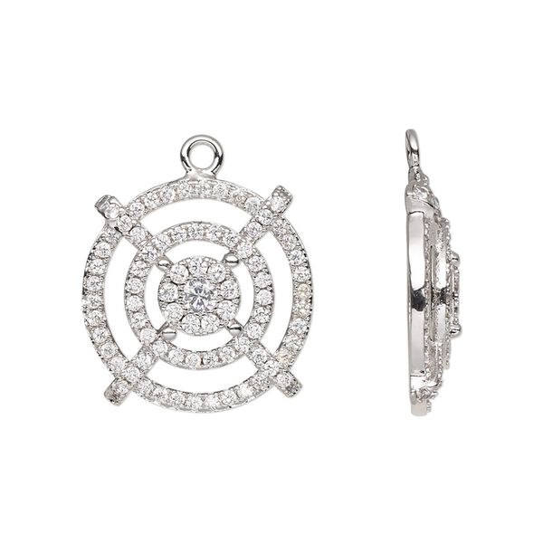 Drop, cubic zirconia and silver-finished brass, clear, 22mm single-sided round. Sold individually. image number 0