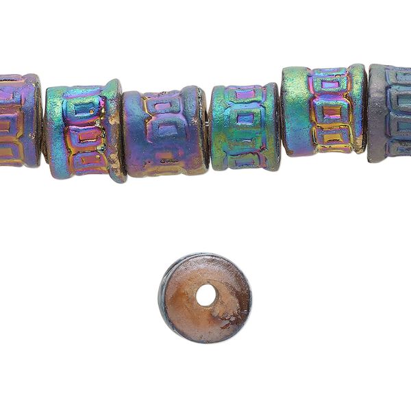 Bead, pressed clay, rainbow, 9x7mm-11x10mm handmade textured tube. Sold per 16-inch strand, approximately 45 beads. image number 0