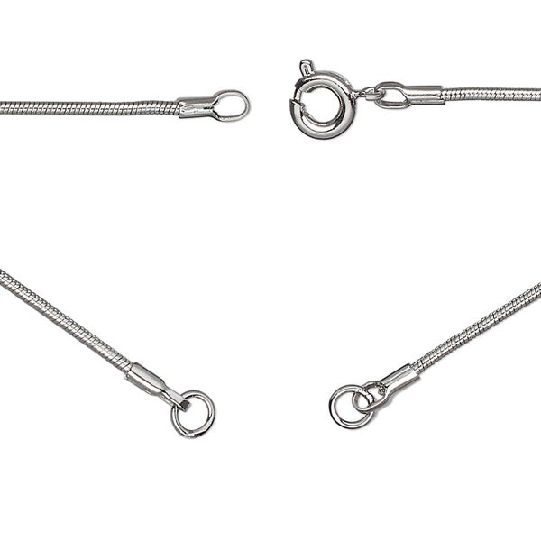 Necklace, silver-plated brass, 1.2mm snake, 18 inches in (2) 9" segments with (2) 3.5mm soldered jump rings and springing clasp. Sold Individually. image number 0