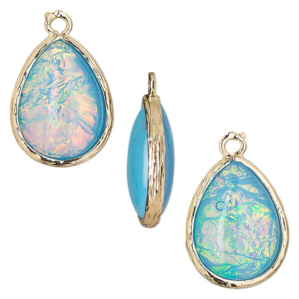 Drop, Opalized Ice™, "opal" (resin) and gold-finished brass, light blue, 19.5x15mm double-sided teardrop. Sold per pkg of 4. image number 0