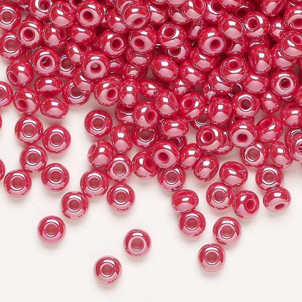 Seed bead, Preciosa Ornela, glass, opaque luster bright red coral, #6 rocaille. Sold per 50-gram pkg. image number 0