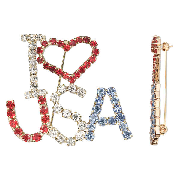 Brooch, glass rhinestone and imitation rhodium-finished pewter (tin-based alloy), red / white / blue, 54x51mm "I love USA." Sold individually. image number 0