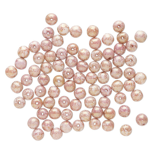 Bead, Czech glass, opaque pink and white travertine, 6mm round. Sold per pkg of 100. image number 0