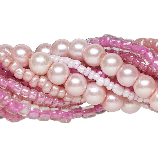 Bead assortment, glass, opaque to transparent light to dark pink, 3x1mm-6mm round and irregular rondelle. Sold per pkg of (8) 14-inch strands, approximately 1,200 beads. image number 0