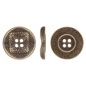 Button, antiqued brass-finished "pewter" (zinc-based alloy), 17mm single-sided wavy flat round with textured square design. Sold per pkg of 20.