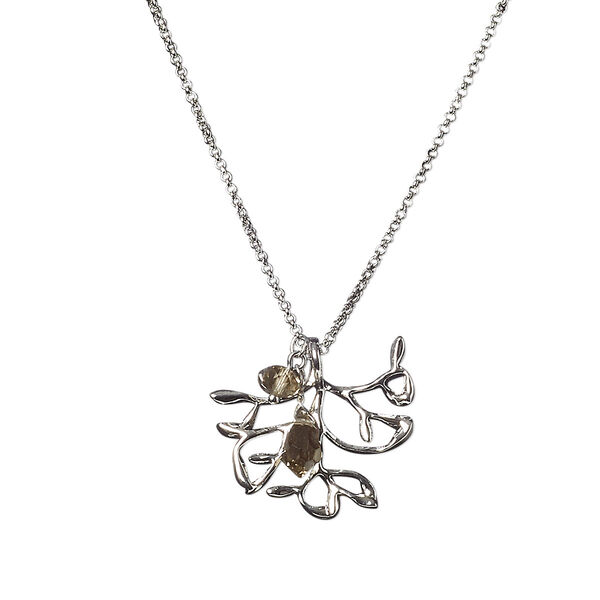 Necklace, glass and imitation rhodium-plated "pewter" (zinc-based alloy), smoke, 32x30mm tree branch, 16 inches with 3-inch extender chain and lobster claw clasp. Sold individually. image number 0