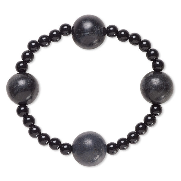 Bracelet, stretch, blackstone (dyed) and acrylic, black, 5mm and 15-16mm round, 6 inches. Sold individually. image number 0