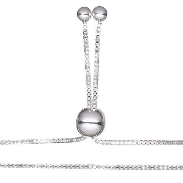 Necklace component, sterling silver and silicone, clear, 1mm box chain, 20 inches with 8mm adjustable slider bead and 2 open loops. Sold individually. image number 0