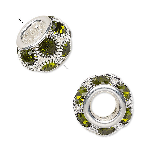 Bead, Egyptian glass rhinestone and silver-plated "pewter" (zinc-based alloy), light green, 18x12mm rondelle with 8mm hole. Sold individually. image number 0