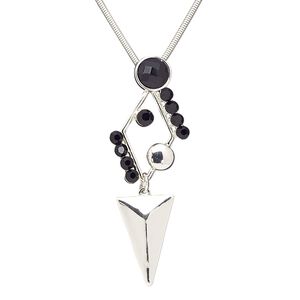 Necklace, acrylic rhinestone / acrylic / silver-plated brass / steel / "pewter" (zinc-based alloy), black and clear, 3-1/3 x 1-1/4 inches with triangle, 22 inches with 2-inch extender chain and lobster claw clasp. Sold individually.
