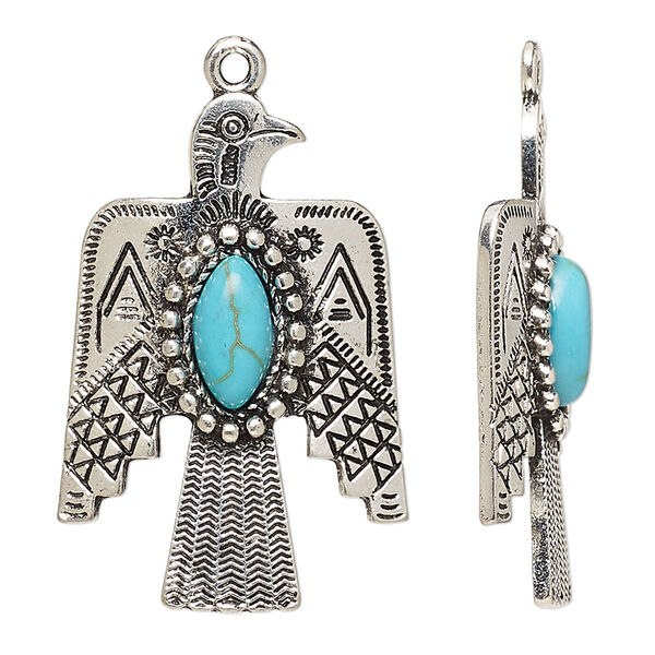 Focal, "turquoise" (resin) (imitation) and antique silver-finished "pewter" (zinc-based alloy), blue, 33x22mm single-sided thunderbird. Sold individually. image number 0