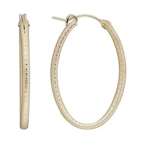 Earring hoop 1pkg2 14Kt gold-filled, 34mm textured oval / latch-back, 1 pair