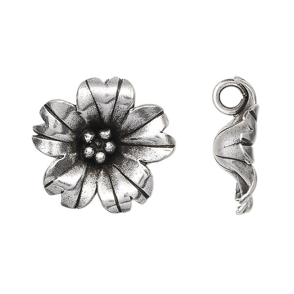 Charm, Hill Tribes, antiqued sterling silver, 20mm flower. Sold individually. image number 0