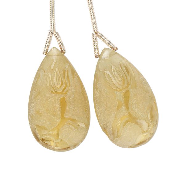 Golden quartz 1pkg2, frosted hand-cut top-drilled double-sided carved teardrop bead 25x15mm image number 0