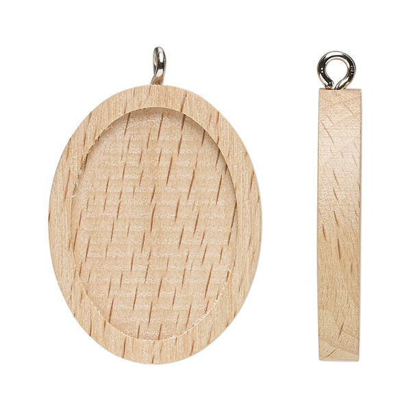 Focal, Japanese pagoda wood (natural) and stainless steel, tan, 30x23mm single-sided oval with 25x18mm non-calibrated oval glue-in setting. Sold per pkg of 8. image number 0