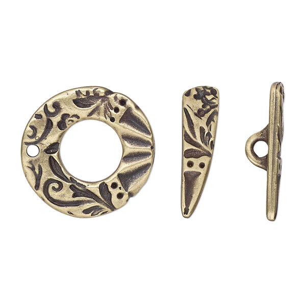 Clasp, TierraCast®, "Vida Mas Dulce" collection, toggle, antique brass-plated pewter (tin-based alloy), 19.5x19mm ring with flora design. Sold per pkg of 10. image number 0
