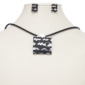 Necklace and earring set, leather (dyed) / enamel / imitation rhodium-plated brass / steel / "pewter" (zinc-based alloy), black, 57x49mm square with cloud design, 18-inch necklace with 2-inch extender chain and lobster claw clasp, 18mm earrings with fishhook ear wire. Sold per set.