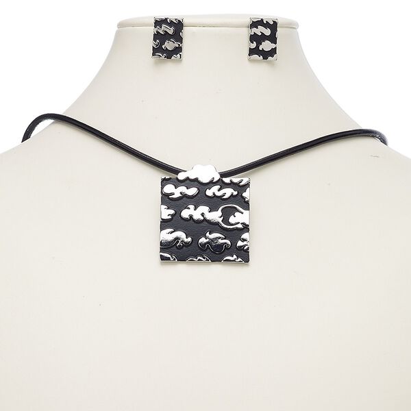 Necklace and earring set, leather (dyed) / enamel / imitation rhodium-plated brass / steel / "pewter" (zinc-based alloy), black, 57x49mm square with cloud design, 18-inch necklace with 2-inch extender chain and lobster claw clasp, 18mm earrings with fishhook ear wire. Sold per set. image number 0