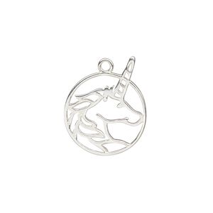 Charm Amoracast® 1pkg1 sterling silver, 18x14.5mm 2-sided open unicorn head round