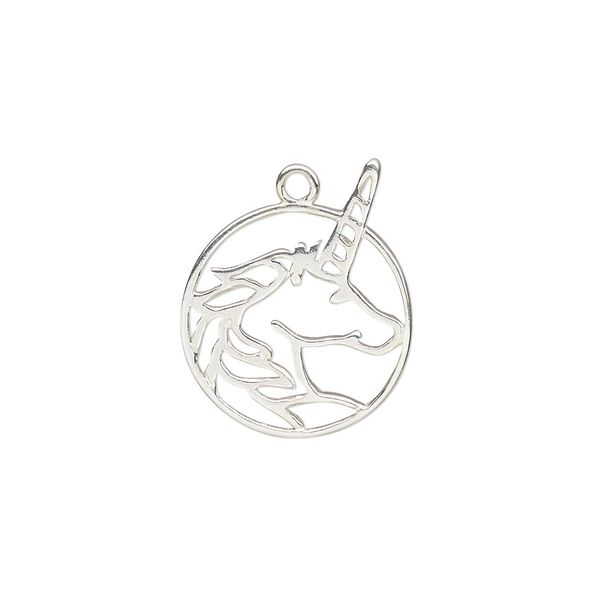 Charm Amoracast® 1pkg1 sterling silver, 18x14.5mm 2-sided open unicorn head round image number 0