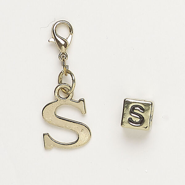 Bead and charm 1pkg2, antique gold-finished "pewter" (zinc alloy) / steel / enamel, black, 7mm cube with alphabet letter "S" and 12x11mm alphabet letter "S" with lobster claw clasp. image number 0
