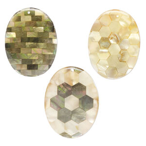 Focal mix, black lip shell / gold lip shell / mother-of-pearl shell / resin (assembled) 1pkg3, 35x25mm-42x30mm top-drilled and undrilled 1sided oval with mixed patterns.