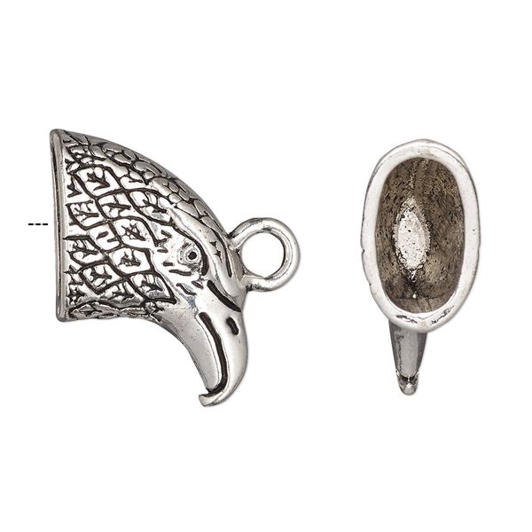 Cord end, glue-in, antique silver-finished "pewter" (zinc-based alloy), 24x16x9mm eagle, 12.5x7mm inside diameter. Sold per pkg of 4. image number 0