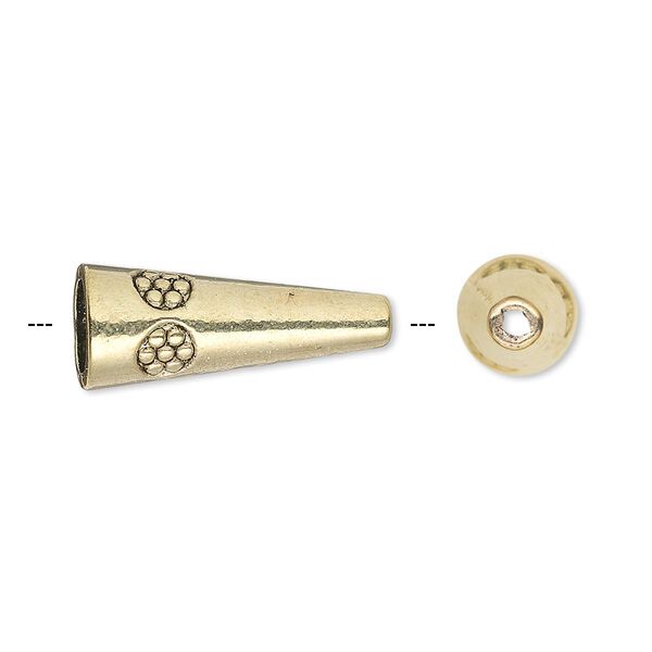 Cone, antique gold-finished "pewter" (zinc-based alloy), 21x8mm with flower design, 6mm inside diameter. Sold per pkg of 20. image number 0