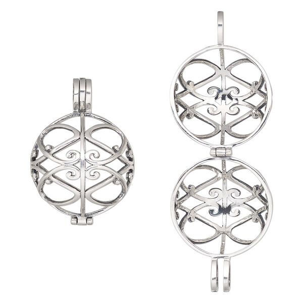 Focal, antiqued sterling silver, 34x25mm hinged round bead cage with fancy cutout design, fits up to 22mm bead. Sold individually. image number 0