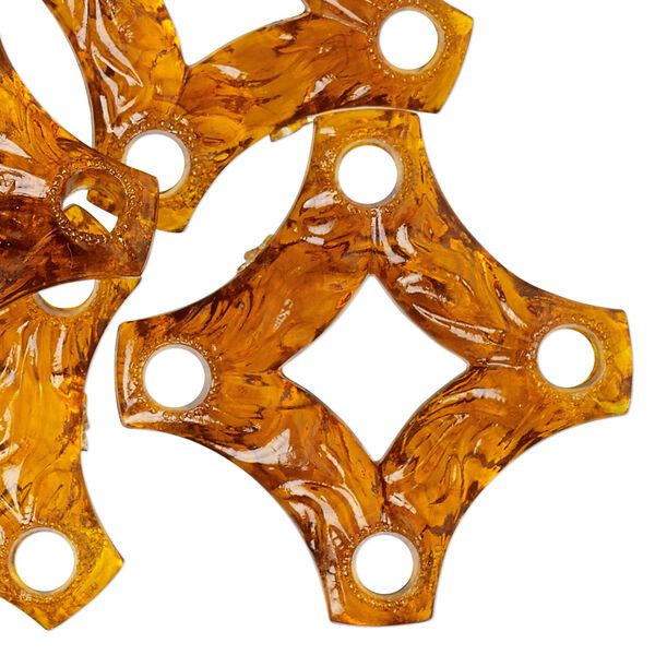 Focal, vintage German acrylic, transparent honey, 37x37mm textured open diamond with 4 holes. Sold per pkg of 6. image number 0